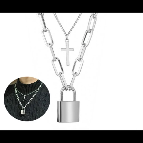 Silver Multilayer Padlock & Cross Chain Necklace - Picture 2 of 8